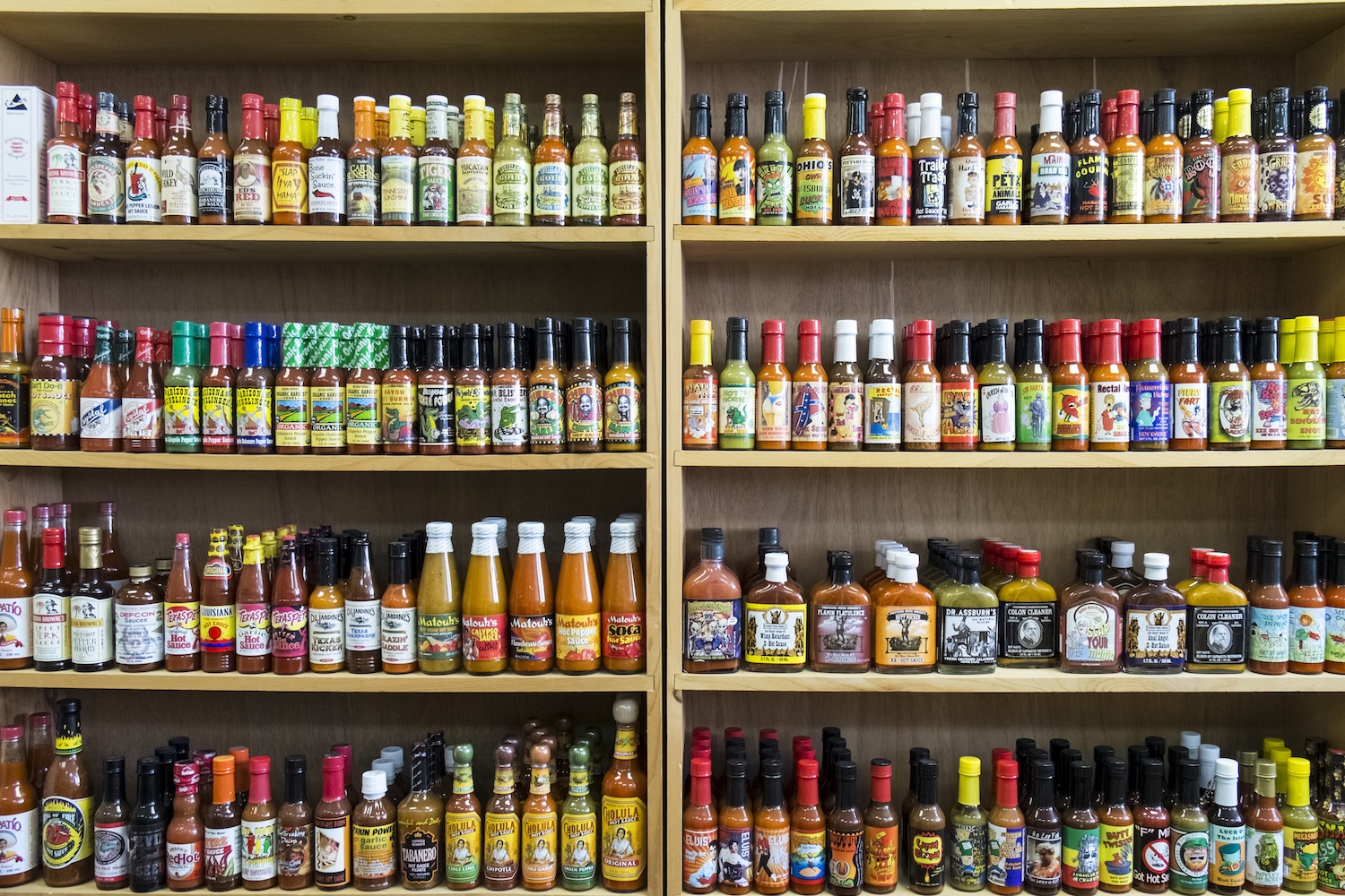 Shelf of hot sauces